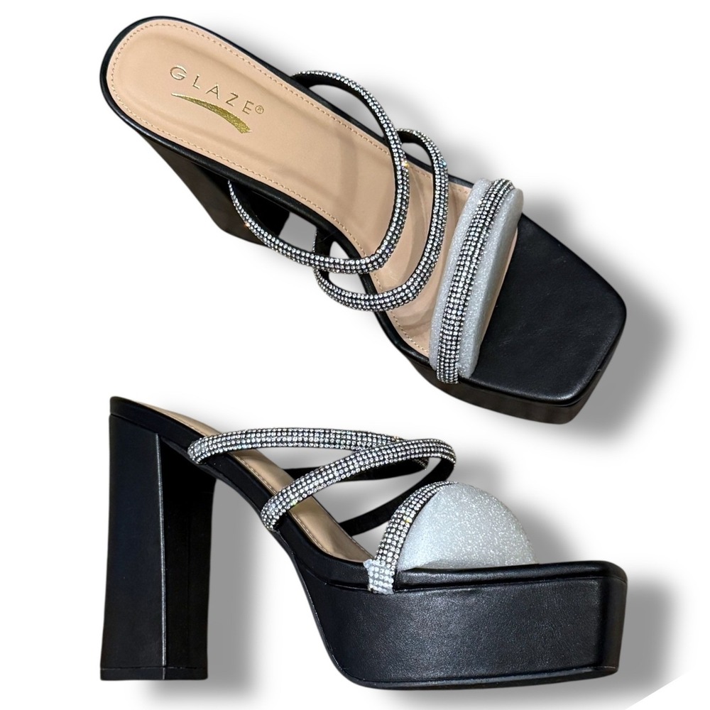 Glaze Platform Heels Rhinestone Straps strappy Block Heel Mules Slides Size 8.5